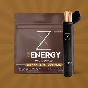 ZipEnergy Mocha ZipEnergy® B12 + 30mg Caffeine Toothpicks - Caffeine Infused Snack, Zero Calories, Mocha Flavor, Vitamin B12, Post-Meal Aid, Free Carry Tube