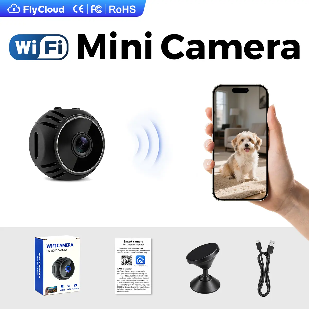 [Flycloud X10] Mini Camera 2.4GHz WiFi Magnetic Stick Install No Drilling 1080P HD Motion Detection Alarm APP Remote Access Cloud TF Card Storage AP Hotspot For Home Shop Office