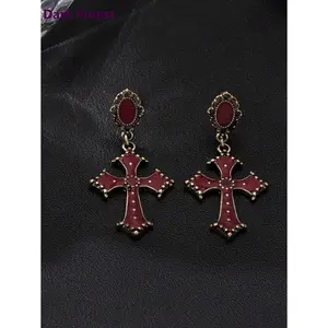 1 Pair Gothic Dark Forest Chic Black Enamel Cross Drop Earrings For Women, Suitable For Banquet, Party And Daily Wear