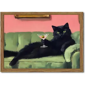 Funny Black Cat Martini Poster Wall Art, Bar Cart Decor, Eclectic Cocktail Painting Canvas Print, Cute Animal Artwork Picture for Bedroom Living Room Kitchen