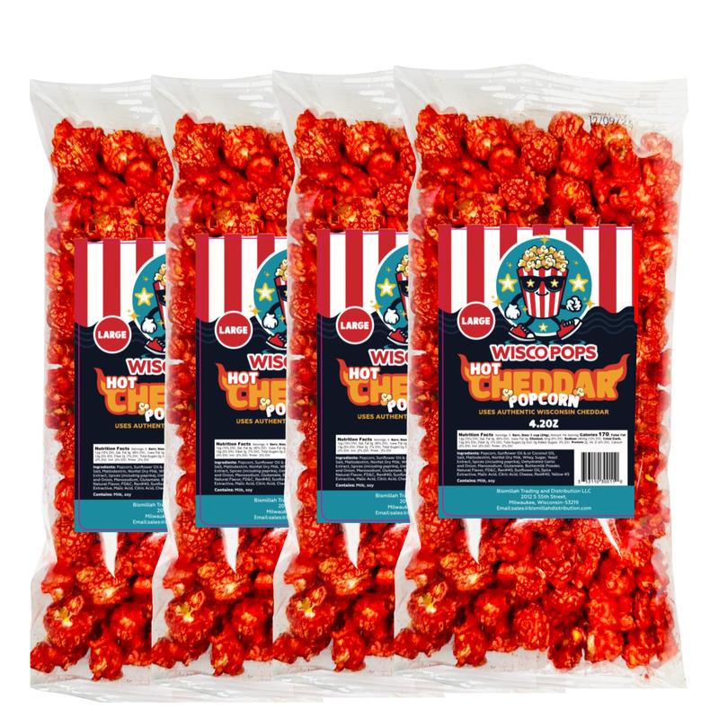 Wisco Pops Hot Cheddar Popcorn, 4 Packs, 4.2 Oz Large Pack