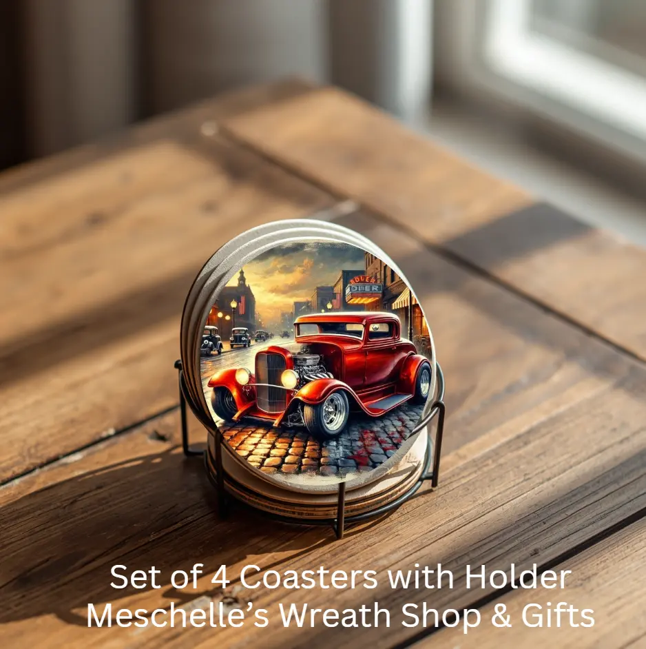 Vintage Car House Coasters Set of 4 Ceramic Coasters with Metal Holder
