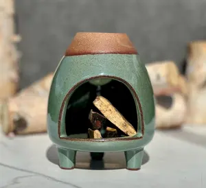 Handmade Sage Green Ceramic Chimenea: Incense and Candle Holder, Chimney, Cone Incense Holder