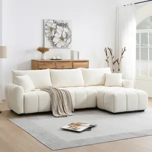 110" Boucle L-Shaped Cloud Sectional Sofa with Movable Ottoman, 4-Piece Modular Couch with Pull-Line Design, Practical Soft Furnishing for Indoor Living Room & Apartment Use