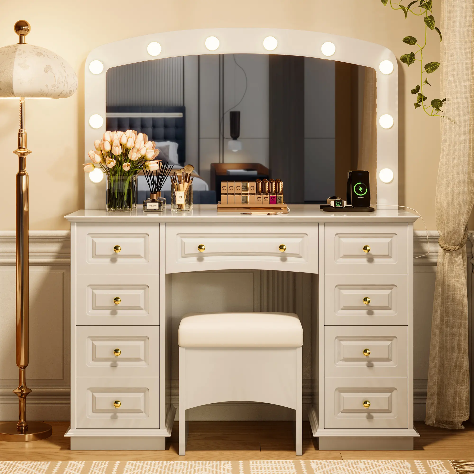 Classic White Furniture-Style Makeup Vanity Set - Hollywood Dressing Table with 10 Bulbs, 3-Color Light, 9 Drawers, Cushioned Flip-Top Seat, Vanity Organization, Power Outlet, Charging Port Plug for Bedrooms, Ideal for Daily Makeup & Glam Selfies