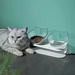 Transparent Anti-Tip Cat Bowl Set, Easy Clean Plastic Pet Bowls, Dual Bowls for Cats, Thickened Dog Food Containers
