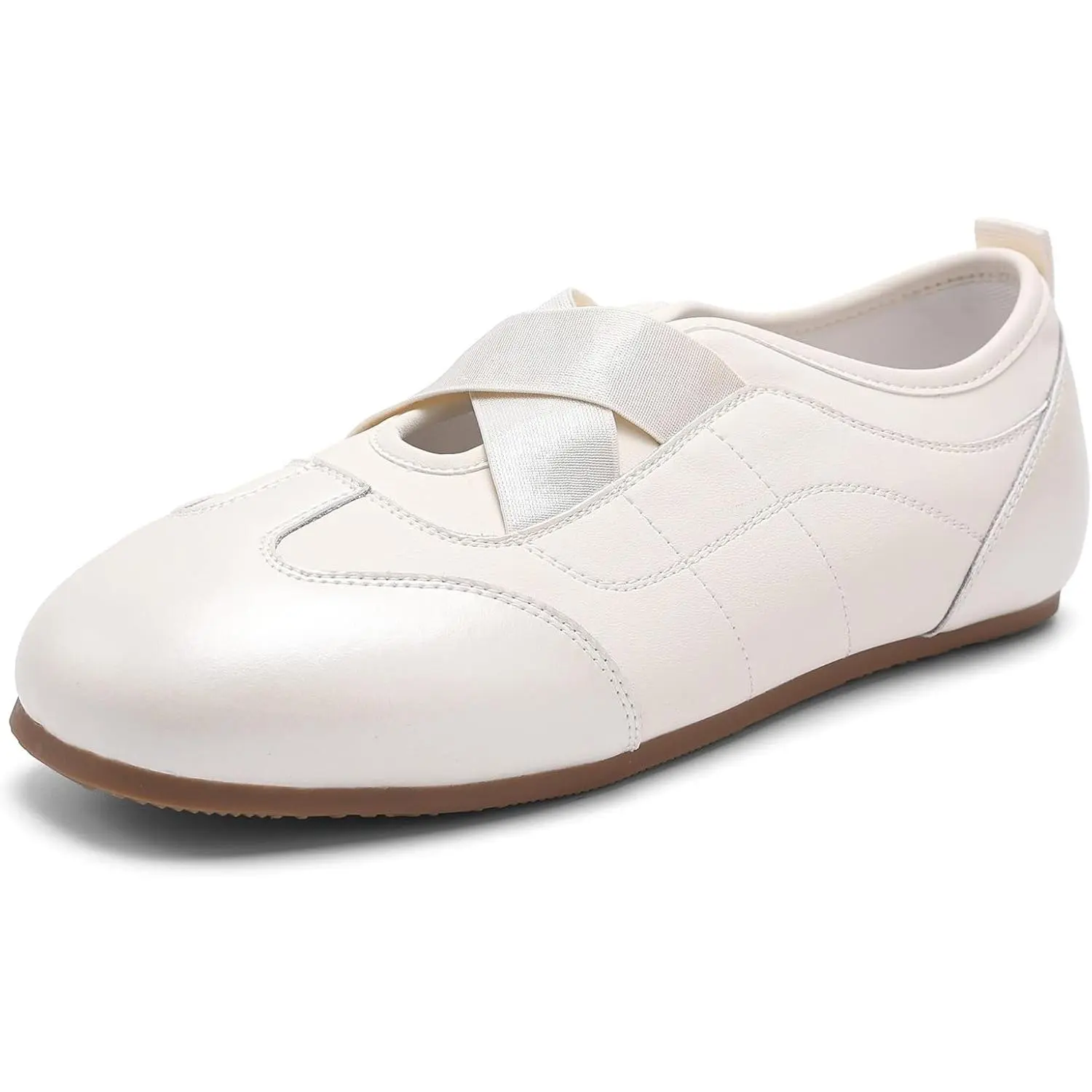 Women's Genuine Leather Slip-On Ballet Sneakers - Low Top Soft Padded Classic Footwear, Cushioned Insole, Non-Slip Casual Walking Shoes for Office Daily Fashion, Beige, Solid