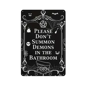 Wall Art, 1 Count Halloween Please Don't Summon Demons in The Bathroom Iron Wall Sign, Wall Hanging Sign for Home Living Room Bedroom Bathroom Decor, Home Decor Products, Bathroom Decorations