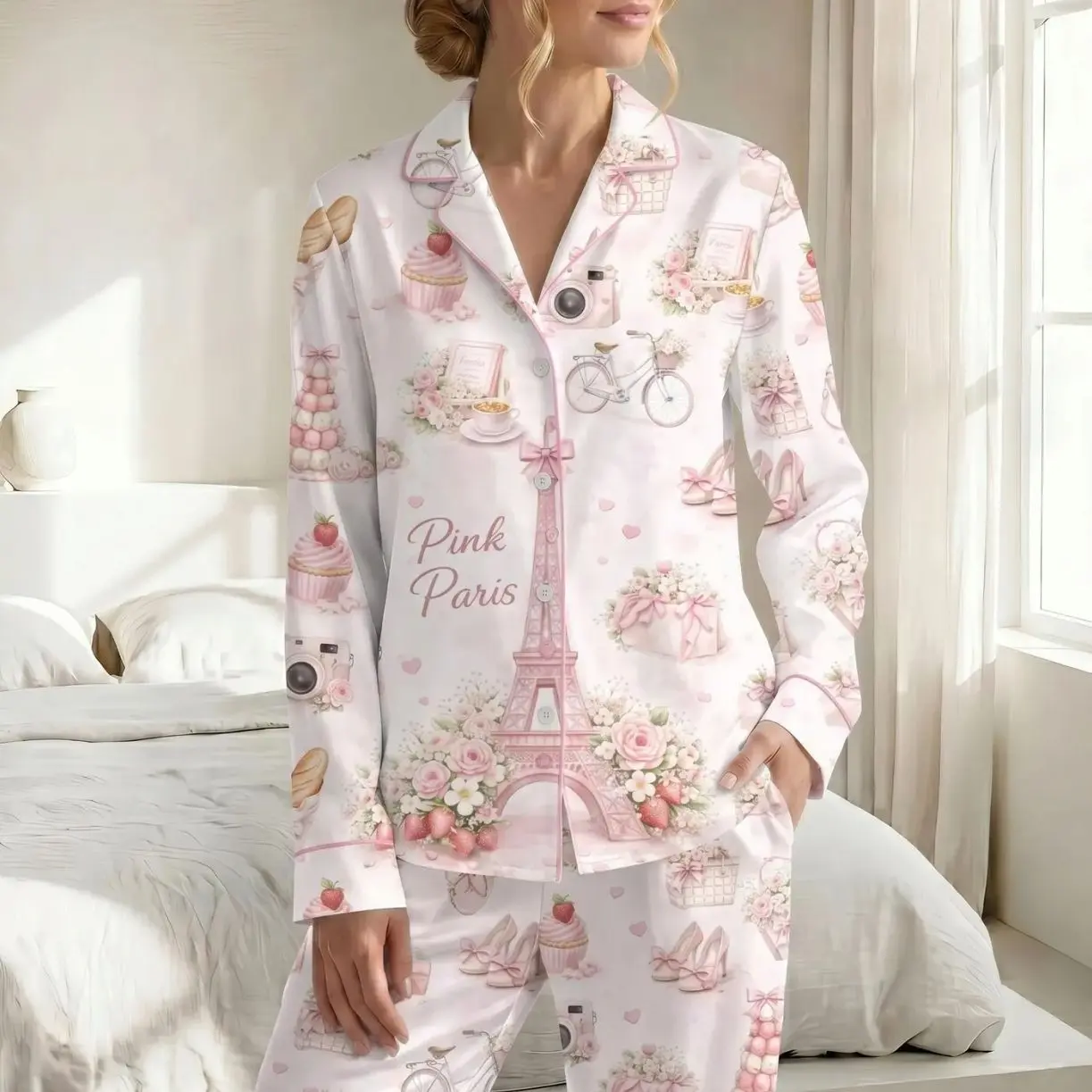 Women’s Bonjour Paris Satin Pajama Set, Eiffel Tower France Travel PJs, Paris Coffee Party Sleepwear, Girls Trip Pajamas Gift, Summer Pjs