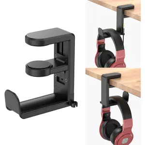 Rotating Headphone Stand -  PC Gaming Headset Stand, Adjustable Clamp-on Headphone Holder, Headphone Hanger Hook Under Desk with 360 Degree Swivel& Clip Organizer - Black