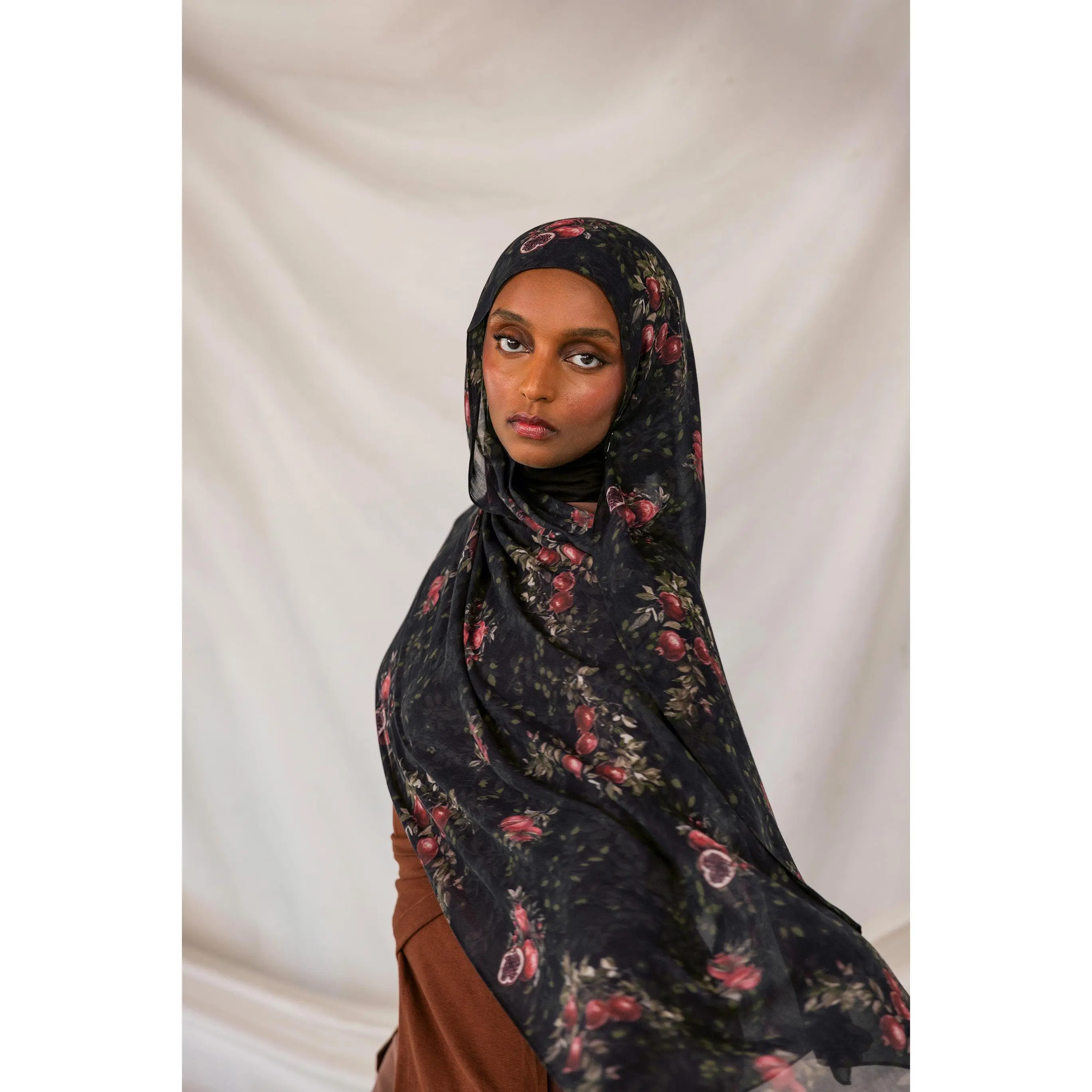 VELA Crimson Mood Pomegranate Print Modal Hijab, Soft Lightweight Head Scarf for Women with an Elegant Drape for Modest Muslim Fashion, Modesty, Hijab Style