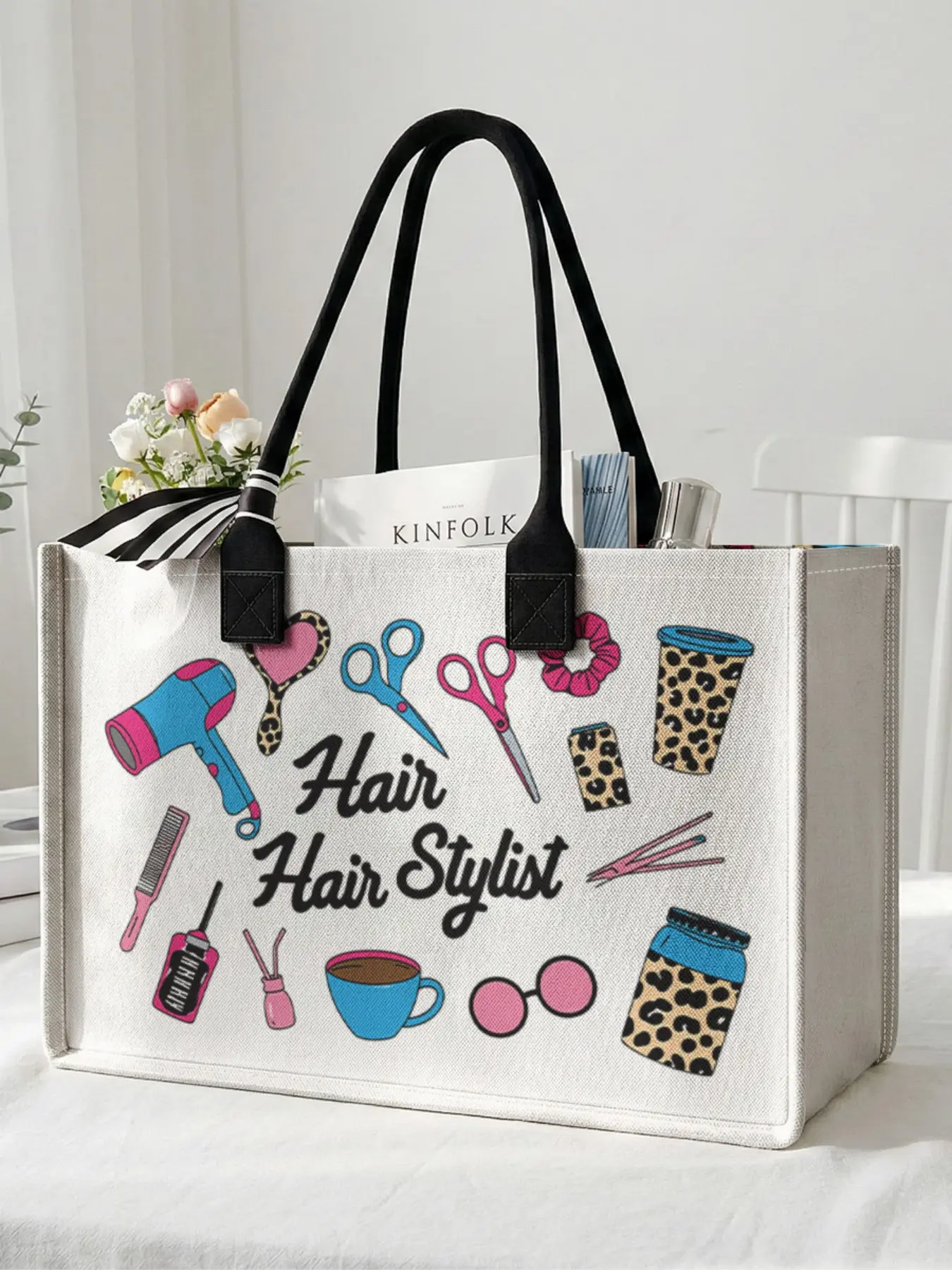1 piece of hairdressing tools, Hair Stylist 2D printed large capacity storage bag, Tote Bag, Multi functional bag, extra large storage bag, sturdy handle, space-saving multi-purpose, suitable for going to school, traveling, shopping