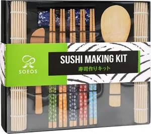 Sushi Making Kit, 10 Piece Bamboo Sushi Kit with 2 Bamboo Rolling Mats, 5 Pairs Chopsticks, Paddle, and Spreader, All Natural, Sushi Maker Kit