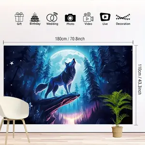 1 piece, Wolf and Forest Moonlight Tapestry - Polyester Wall Hanging for Living Room, Bedroom, Office Decoration |     Animal Theme Home Decor