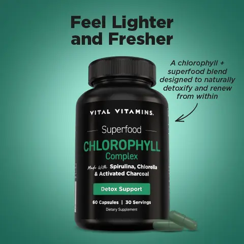 Vital Vitamins Chlorophyll Complex | Detox, Body Odor Control, Liver & Digestive Support | Spirulina, Chlorella, Parsley, Mint & Activated Charcoal | 60 Capsules Herbal Supplement