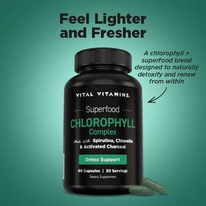 Vital Vitamins Chlorophyll Complex | Detox, Body Odor Control, Liver & Digestive Support | Spirulina, Chlorella, Parsley, Mint & Activated Charcoal | 60 Capsules Herbal Supplement