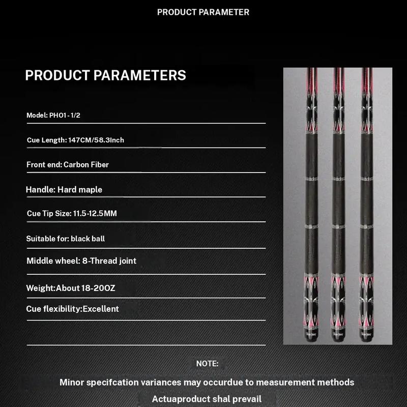 JIAN YING New carbon fiber 1/2 billiard cue Strong stability High performance Pool cue. It features a 58 inch, 11.5/12.5 millimeter cue tip. Comes with cue case + leather tip + gloves + towel + chalk+extended handle