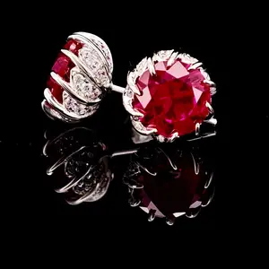 3ct Lab-grown Ruby Silver Earring Studs - Flower Buds Style