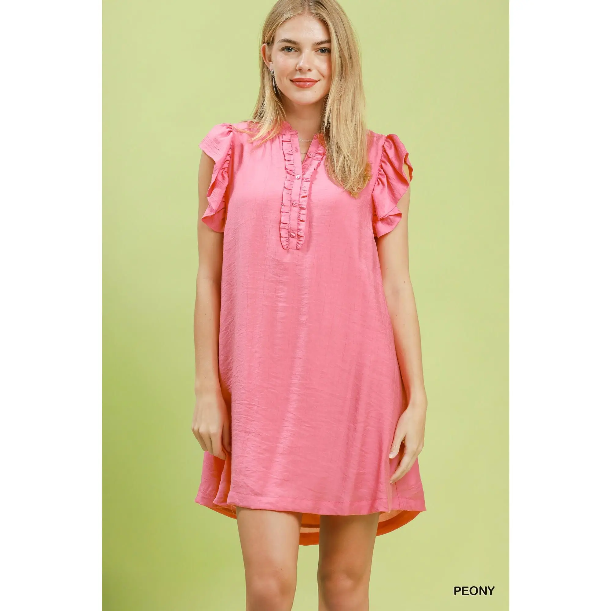 Women's Umgee Soft Rayon Casual Henley Shift Dress, Straight Silhouette, Ruffle Sleeves, Pockets, Cold-Wash Compatible, Fabric