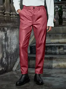 Men's Slim Fit Straight Leg PU Leather Pants, Motorcycle Style Glossy Solid Color Casual Long Pants, 1 Piece Pack