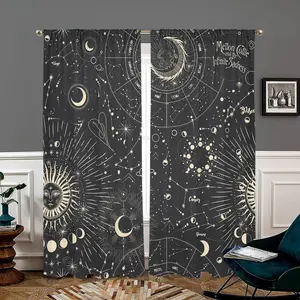Constellation Pattern Curtain, 2 Counts/set Astrological Crescent Moon Phase Galaxy Celestial Body Gothic Mysterious Tarot Card Pocket Curtain, Home Decor