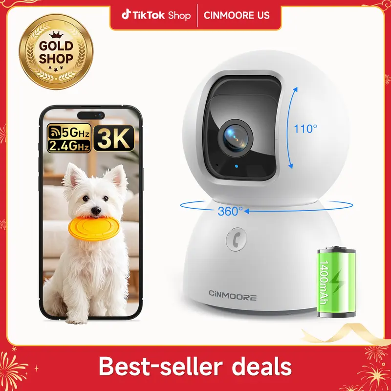 CINMOORE 3K Smart WiFi Security Camera - 1400mAh Battery, 5GHz/2.4GHz Dual WiFi, Pan-Tilt, 2-Way Talk, AI Detection, Motion Tracking, SD Micro Support, Indoor Remote Monitoring for Home/Pet Use