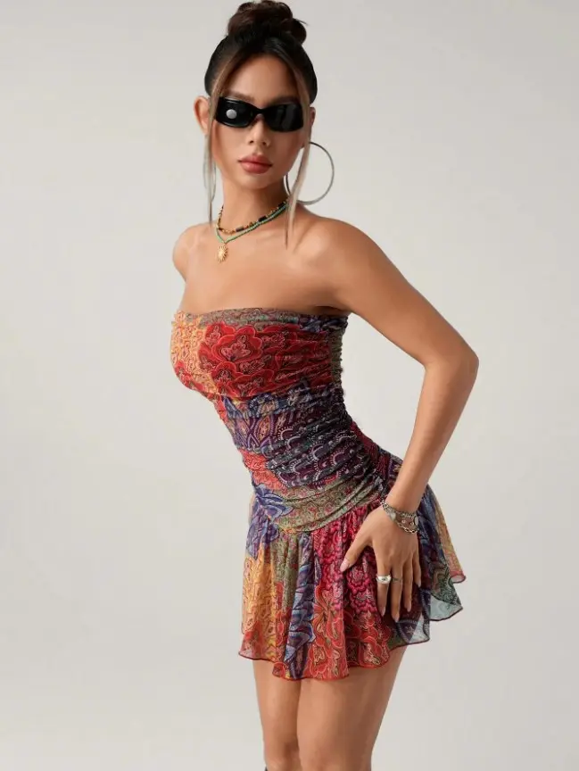 GLAMOUR Women's Boho Vacation Sexy Contrast Color Print Tube Top Mini Dress, Summer,Bohemian Clothes