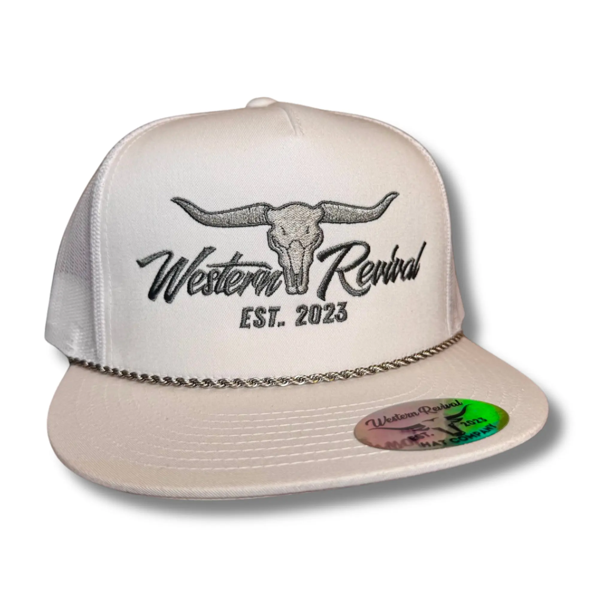 Western Revival Chained Longhorn Hat - White Snapback with Stainless Steel Rope