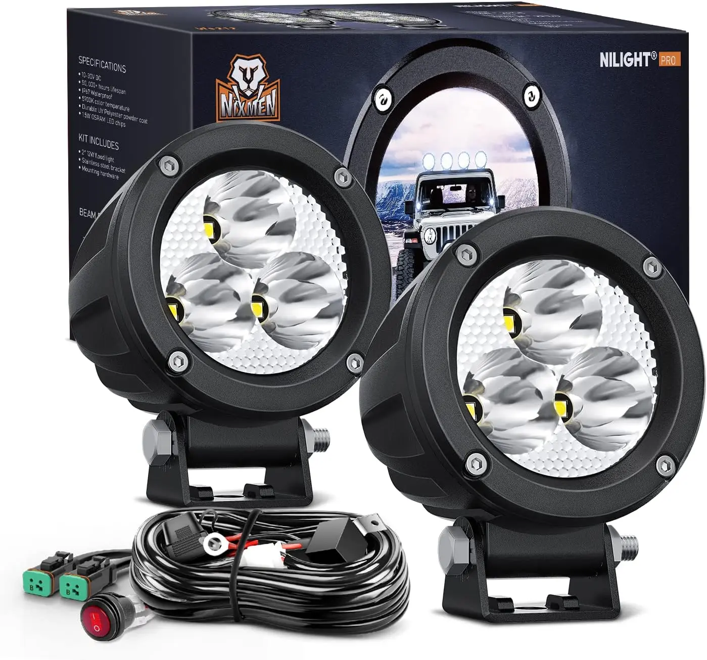 Nilight 3-Inch Round Motorcycle LED Auxiliary Spot Pods, 2PCS 1550LM High Lumen Lights with Built-in EMC, Headlight Waterproof for Motorbikes, SUVs, Auxiliary Lights
