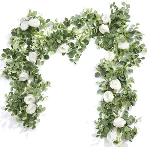 Der Rose 4 Pcs 26FT Artificial Flower Garland, White Rose & Eucalyptus Floral Garland, Faux Flower Vine for Wedding Table Runner Arch & Backdrop Decor