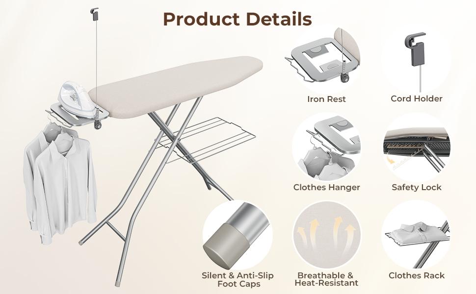 Yaheetech Ironing Board, Compact Iron Board with Cord Holder, Steam Iron Rest and Bottom Storage Tray, 9 Adjustable Heights & 3 Layer Cover, Folding Heavy Duty Ironing Board 52X14inch
