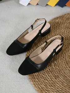 Women’s Pointed Toe Chunky Heel Backless Sandals, Vintage Color Block Design for Spring Summer Autumn, Casual Medium Width Comfort Footwear