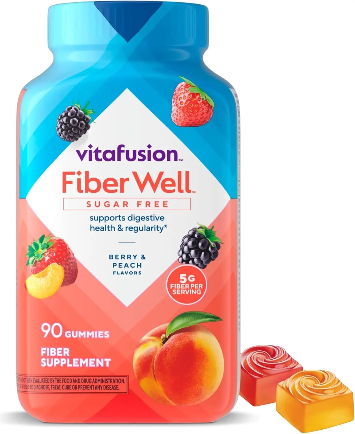 HOT!!! Vitafusion Fiber Well Gummies for GLP-1 Support | 5mg | 90 Count | Sugar Free Adult Gummy | Vitamins For Women & Men | Berry & Peach Flavors | Gluten Free FormulaGluten Free Formula