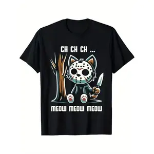 Funny Vintage Graphic Cat Movie Horror T-Shirt Cotton Casual Summer Tee, Trendy Tops Crew Neck Tee