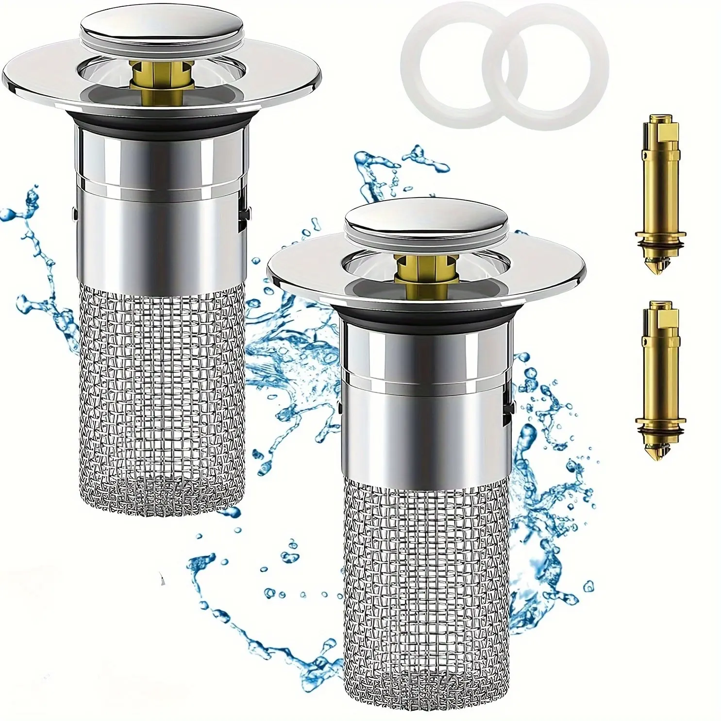 Kitchen Bathroom Sink Drain Filter, Pop-Up Sink Drain Filter with Detachable Stainless Steel Basket, Replaceable Bath Sink Plug, Drain Protector