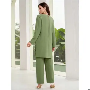 Piece Loose Casual Pants And Shirt Slit Sleeve Long Summer / Spring Women Mulvari tiktok s Solid Color Round Neck Side Hem Two - Set 2 Piece