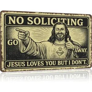 Funny No Soliciting Art Decor Poster Jesus Loves You But I Don't Metal Aluminum Sign For Front Door 8 X 12 Inch Durable Weather Resistant Yard Sign Home Decoration