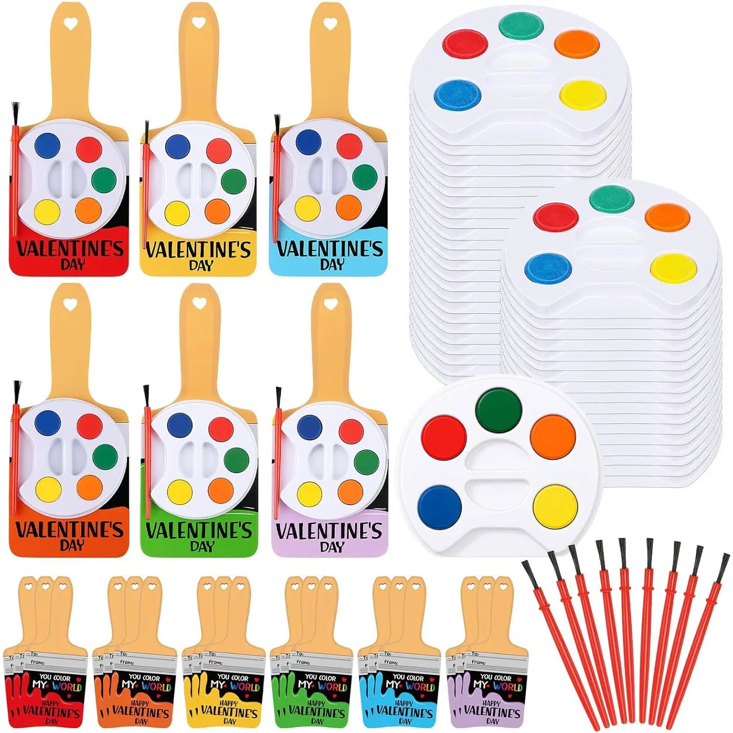 Bulk 24Pcs Valentine’s Day Party Favor Kit, Mini Watercolor Paint Sets Matching Valentine Greeting Cards, Equipped with Seal Storage Bags and Glue Dots, Ideal Classroom Exchange Gift, Kids Valentine Art Craft Gift Supplies