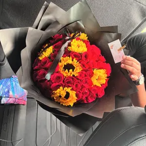 Sunflower & Rose Bouquet - Red and Yellow Floral Arrangement with Ribbon