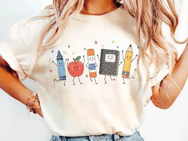 Comfort Colors School Supplies Teacher Shirt, Cute Back to School Tee, Apple Pencil Crayon Shirt, First Day of School Teacher Tee, Preppy Classroom Shirt, Teacher Appreciation Gift