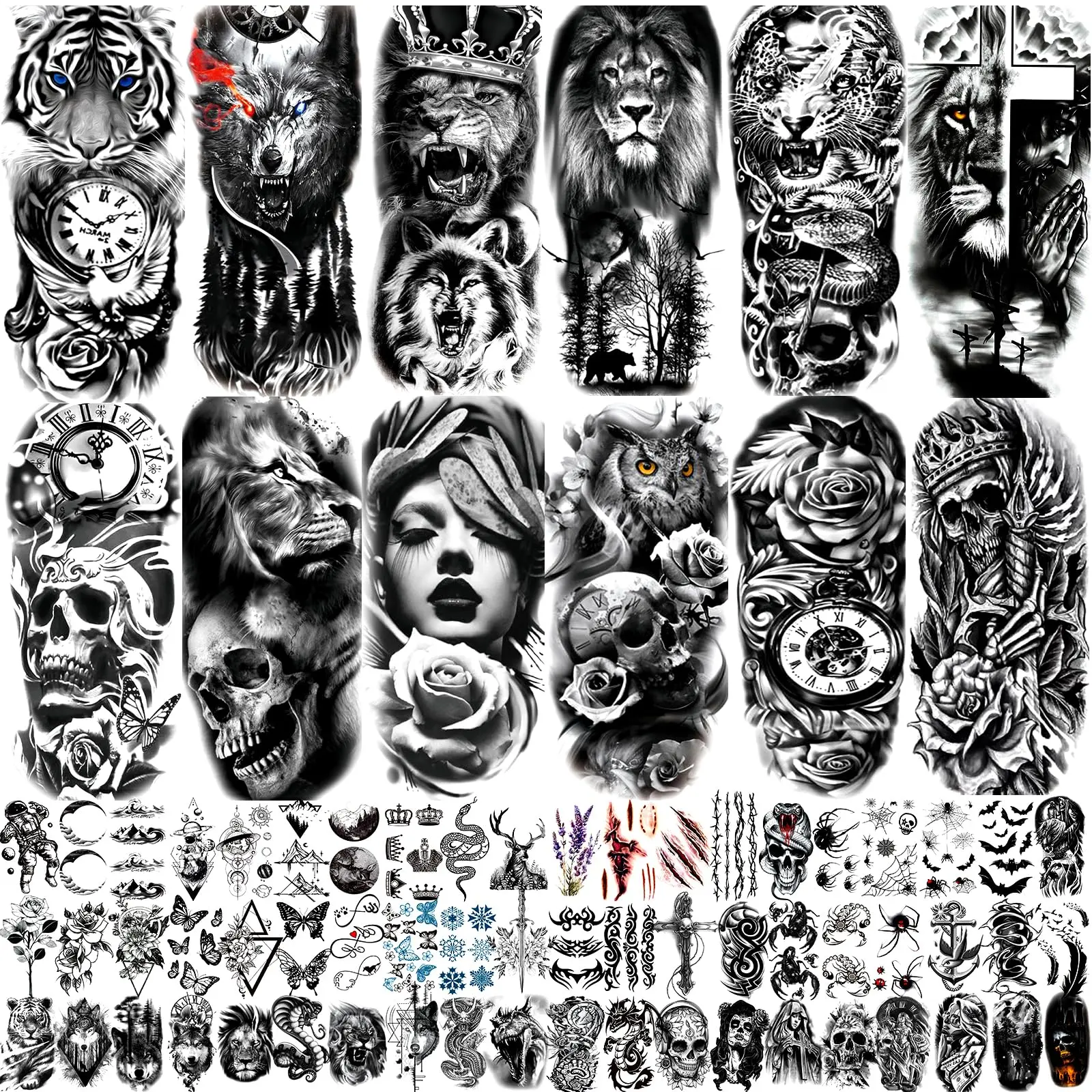 82 Sheets Temporary Tattoo for Men Women Adults, Include 12 Sheets Black 3D Half Sleeve Temporary Tattoos, Halloween Tattoos Scary Lion Wolf Tiger Skull Skeleton Tattoos Stickers