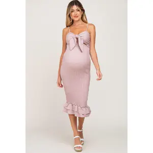 Mauve Gingham Print Smocked Fitted Self-Tie Maternity Midi Dress