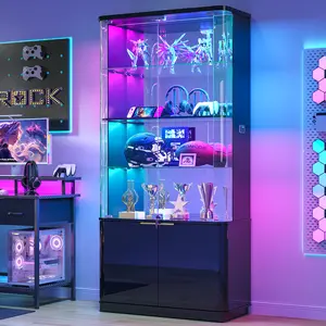 FREDEES 71" Tall RGB Display Cabinet with Glass Door, 6-Tier Rounded Curio Cabinet with Adjustable Shelves for Collectibles, Locking Trophy Display Case with LED Lights for Figures/Helmet/Football