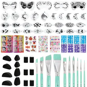 67-Piece Deluxe Face Painting Brushes and Stencils Kit - Safe Non-Toxic Tools with Brushes Sponges Reusable Stencils Stickers Book, Perfect for Carnival Halloween & Parties