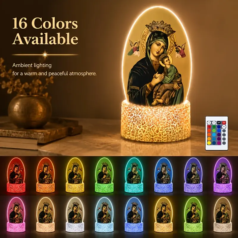Virgin Mary Jesus LED Night Light - 16-Color Acrylic Indoor Christian Table Lamp, USB-Powered Touch Switch with Remote Control, Catholic Decorative Lamp for Bedroom, Prayer Room, Holiday Gifts
