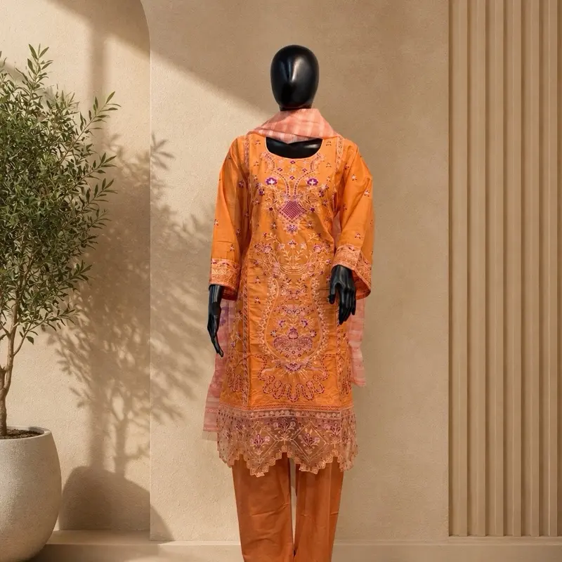 Pakistani designer replica by Bin Abdullah  Embroidered 3-Piece Stitched Suit:  fabric is pure cotton scarf is digital printed and the ready-to-wear nature of the outfit. Womenswear