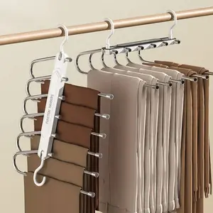 6 Layer Pants Hanger Space Saving Closet Organizer with 50mm Wide Spacing, Anti-Slip Multifunctional Pants Rack for Jeans Trousers Wardrobe