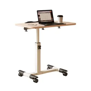 Wood Grain Color Foldable Standing Desk with Wheels, 27.2-35.4" Height Adjustable Mobile Overbed Tables, Metal Frame Portable Laptop Desk Bedroom Aids Hospital Bed Table for Home Hospital