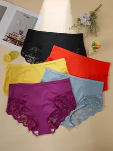 Women's Ice Silk Underwear Set, Breathable Soft Comfortable Cotton Crotch, Oversized Lace Design, Casual Plain Pattern, All Seasons Wear, Panties