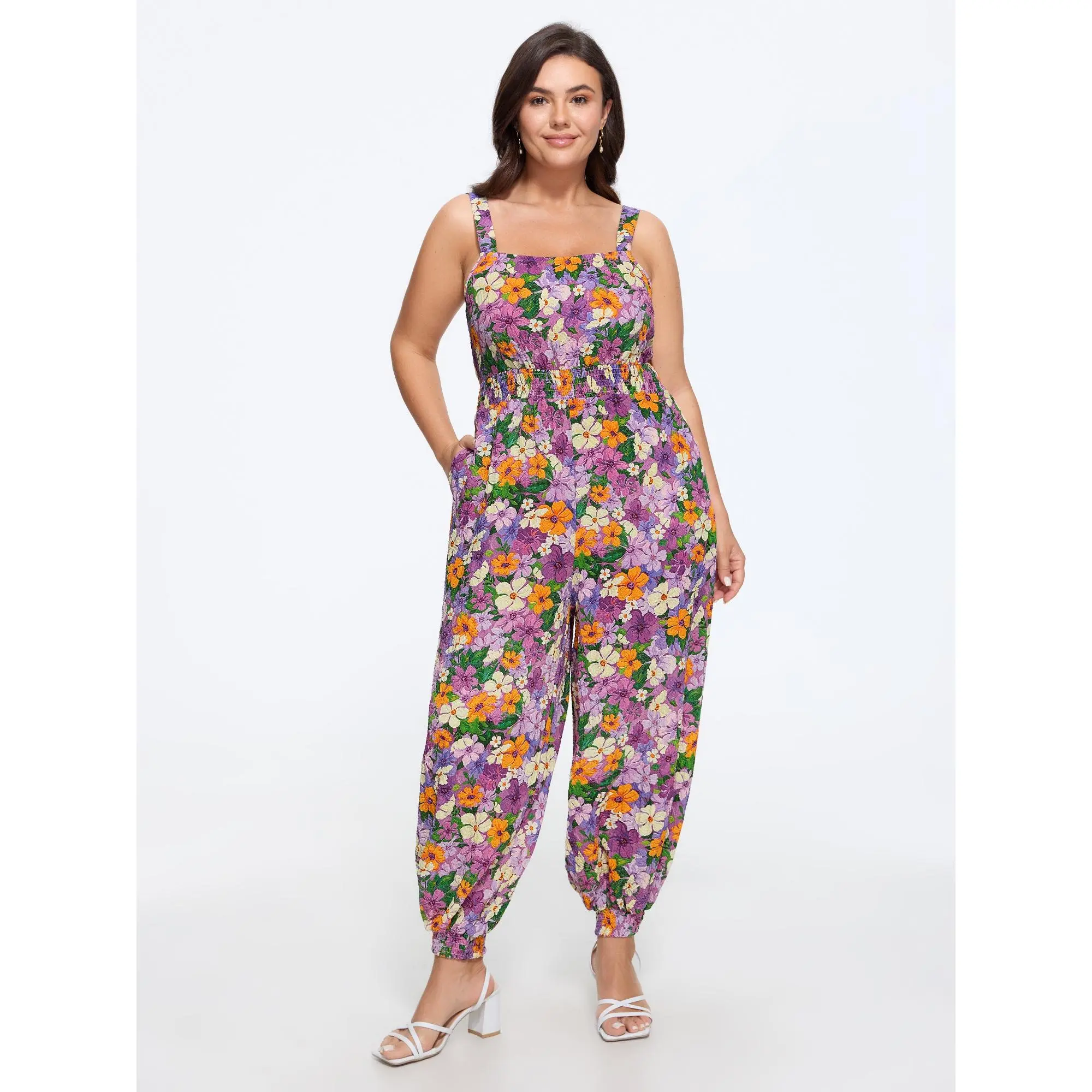 BLOOMCHIC Women's Plus Size Polyester Multi Floral Print Shirred Waist Pocket Fit Jogger Overalls Garment [M-6X] 2026 Summer Finds, Fabric, Smooth, Clothes